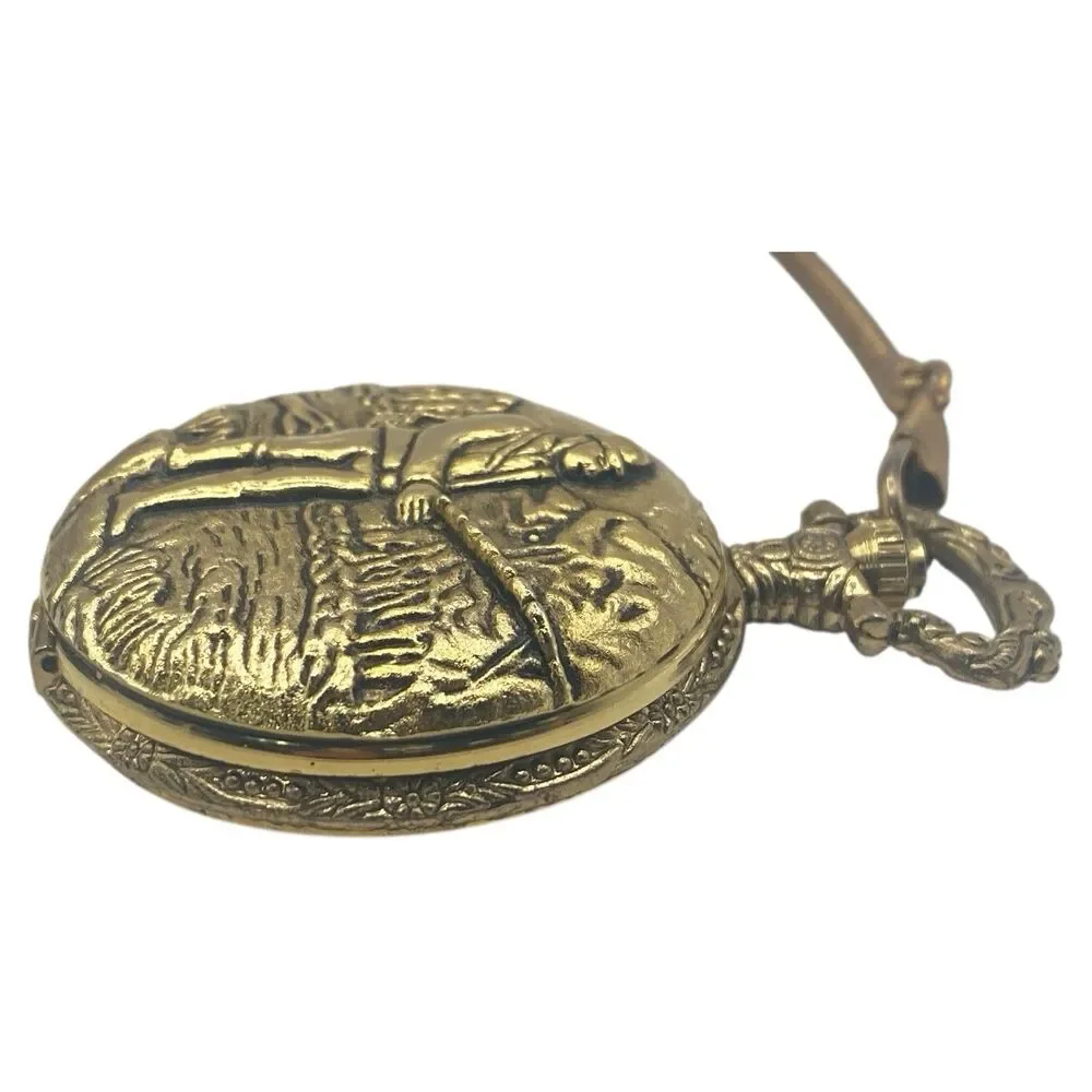 Vintage Medal Gold Tone Quartz Pocket Watch Hunting Scene New Battery